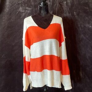 Cream & Orange Striped V-Neck Sweater - New, never worn!
